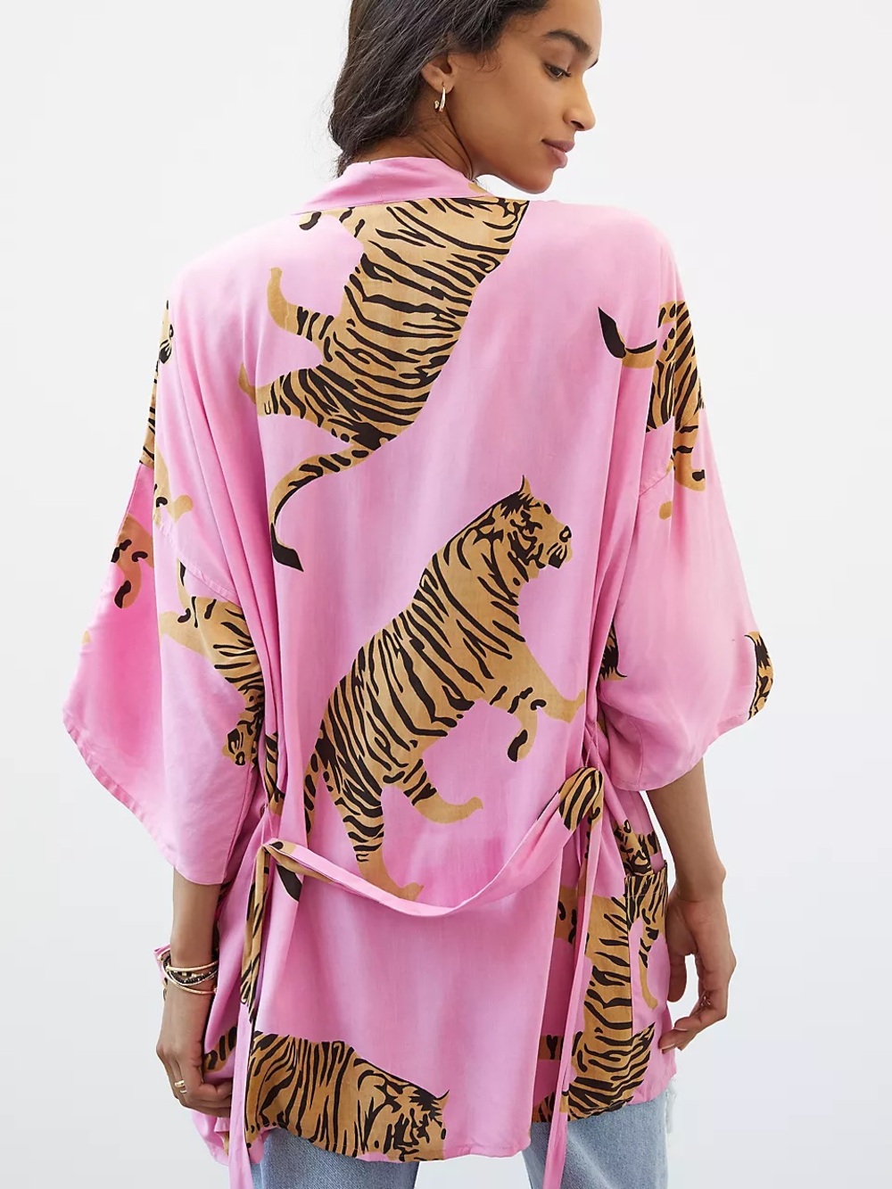NWT Anthropologie Emerson Fry Fete Tiger Kimono Animal Pink Tan Medium Large - Picture 2 of 3